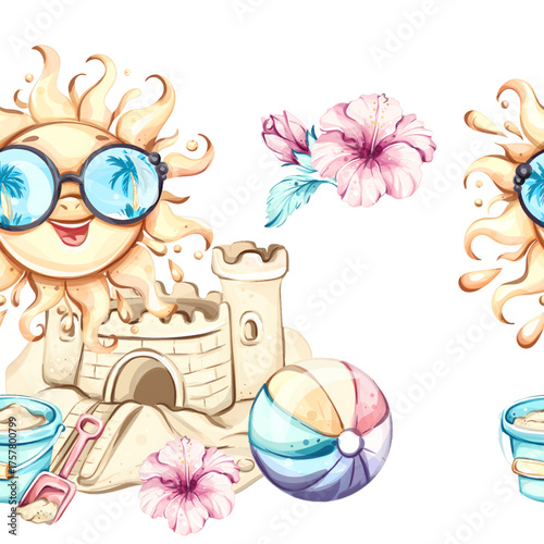 Sunny beach dreams seamless pattern background wallpaper for summer vacation themes, featuring sandcastles, beach balls, and tropical flowers framed with cheerful sun illustrations