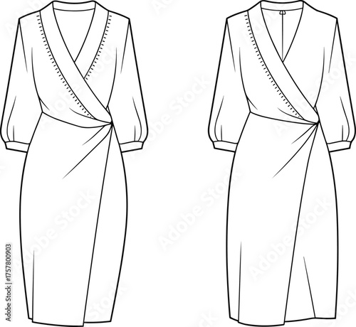Elegant women’s wrap dress technical flat sketch, stylish midi dress front and back view, sewing pattern design, fashion illustration, apparel template