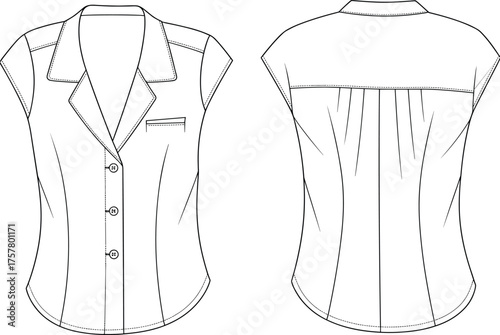Fashionable women’s short sleeve blouse technical flat sketch, stylish shirt front and back view, sewing pattern design, apparel illustration, garment drawing