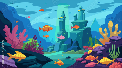 A majestic underwater landscape where towering coral structures reach towards the surface and schools of colorful fish swerve in and out of sight.