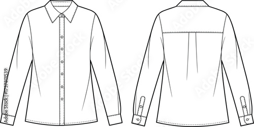 Long sleeve shirt technical sketch, front and back view, button-up design, pointed collar, cuff detail, yoke, pleat, fashion template
