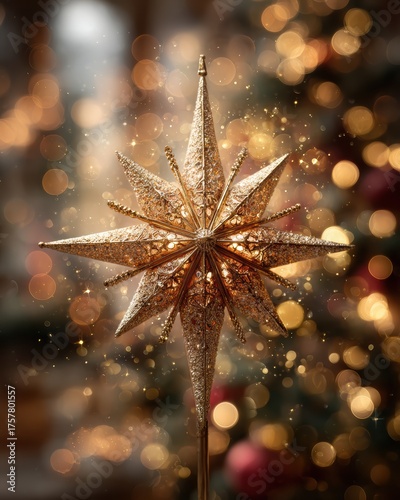 Elegant gold star christmas tree topper with radiating points