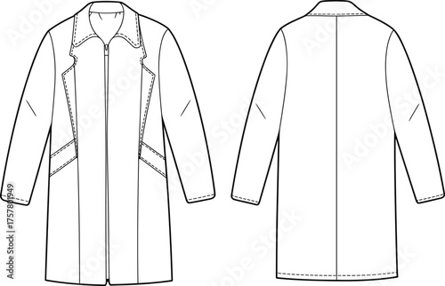 Technical coat sketch, fashion flat drawing, front and back view, garment design, tailored seams, structured collar, apparel template, pattern illustration
