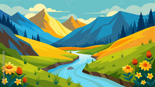 A mountain creek winds through a picturesque alpine meadow its banks lined with bright yellow and orange wildflowers.