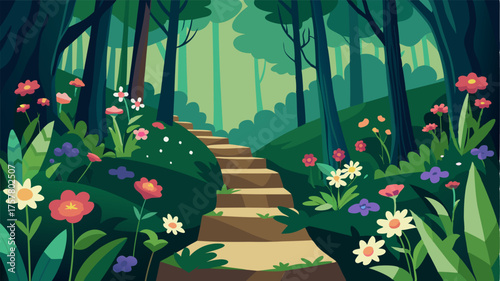 An enchanted forest of wildflowers with each step revealing a new variety of delicate petals and leaves.