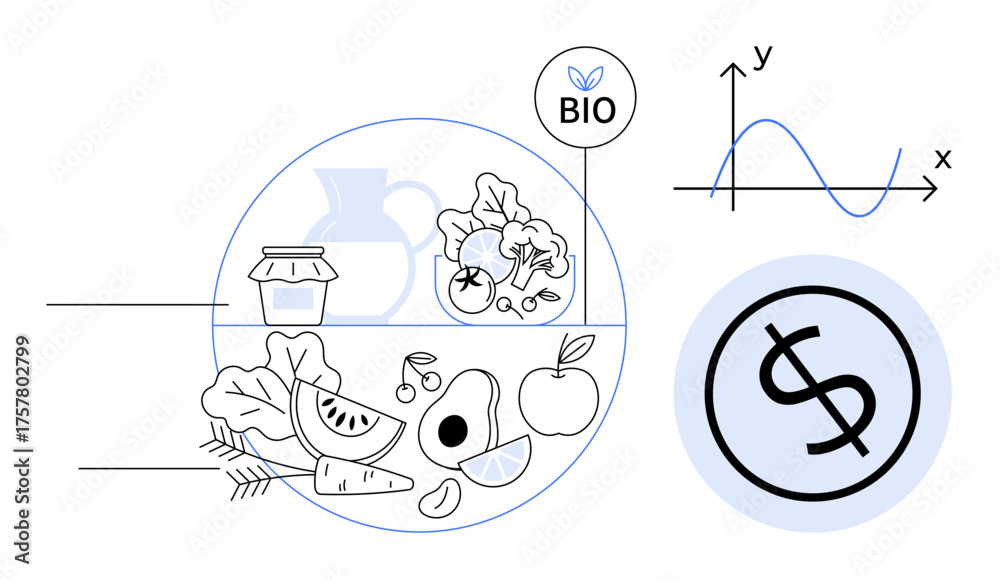 Fototapeta premium Fresh fruits, vegetables, bio label, jar, dollar sign, and graph highlight organic food, economy, sustainable growth, health market trends investment and eco-friendly consumerism in a simple flat