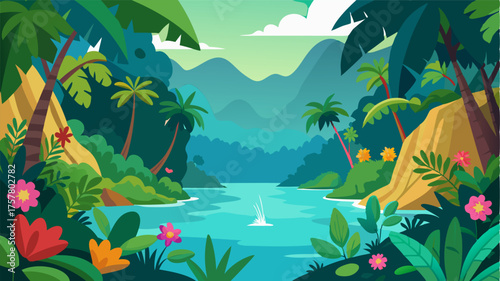 A hidden paradise a peaceful lagoon surrounded by dense rainforest and vibrant tropical flowers.