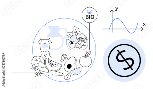 Fresh fruits, vegetables, bio label, jar, dollar sign, and graph highlight organic food, economy, sustainable growth, health market trends investment and eco-friendly consumerism in a simple flat