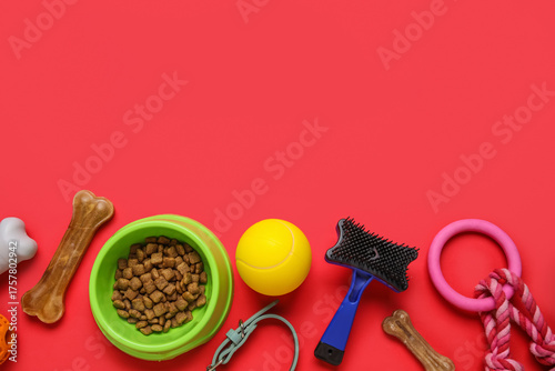 Bowl with dry pet food and ...
