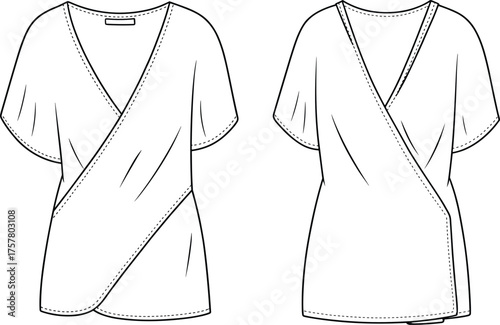 Technical wrap top sketch, short sleeve blouse, deep V-neckline, front and back view, fashion flat drawing, garment template, apparel illustration