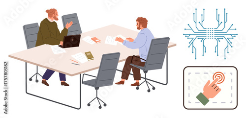 Two colleagues brainstorming at a table, surrounded by a laptop and books. Highlighted with a circuit diagram and a touch input icon. Ideal for teamwork, digital innovation, AI, networking, tech