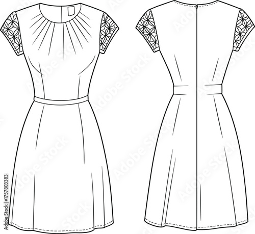 Women's short sleeve dress flat sketch, puff sleeves, back zipper, fitted waist, front and back view, fashion technical drawing