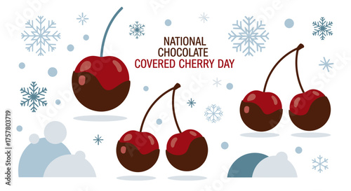 Illustration celebrating National Chocolate Covered Cherry Day with multiple chocolate-dipped cherries and winter snowflakes on a light background.