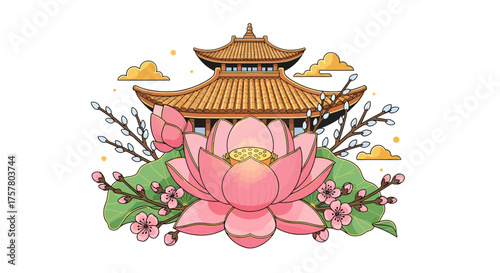 A beautiful illustration of a traditional East Asian temple with blooming lotus flowers and cherry blossoms.