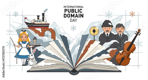 Illustration celebrating International Public Domain Day, featuring literary characters and historical elements.