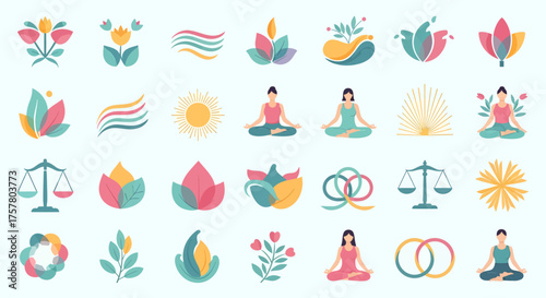 A collection of colorful, stylized icons featuring floral designs, meditating figures, abstract shapes, and symbols of balance and wellness.