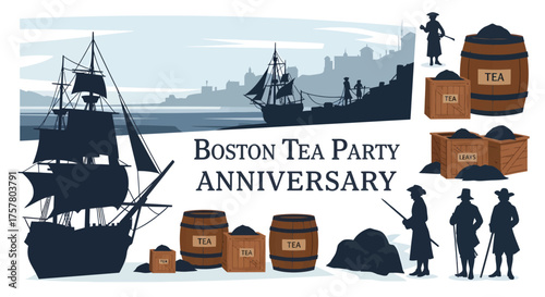 Illustration commemorating the Boston Tea Party anniversary with colonial ships, tea barrels, chests, and figures.