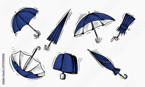 he image showcases a collection of hand-drawn blue umbrellas in diverse open and closed positions, displayed against a white backdrop.