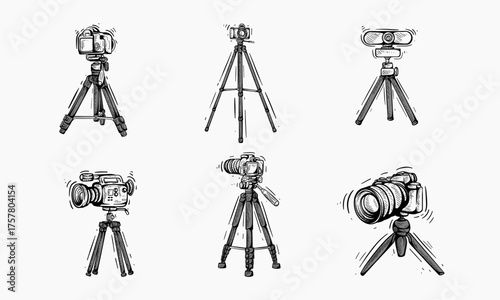 A collection of hand-drawn illustrations showcasing different cameras mounted on various types of tripods.