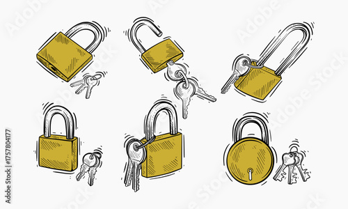 A hand drawn illustration depicting Set of padlocks in various positions with their corresponding keys.