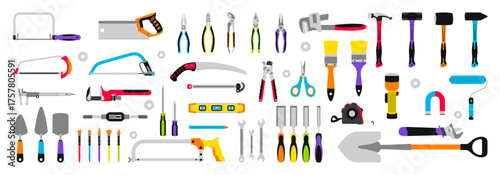 Construction tools set. Collection of tools for repair, construction, finishing work. Work accessories for locksmith, electrician, plumber, builder, carpenter. Isolated vector illustration.