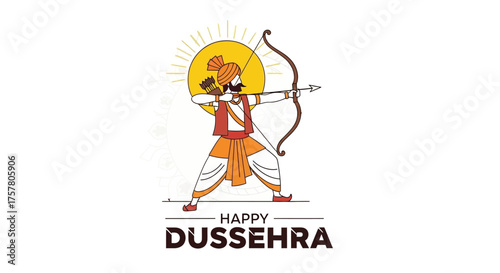 Celebrate Happy Dussehra with a captivating illustration of archer Rama embodying triumph over evil, perfect for vibrant cultural campaigns and festive greetings