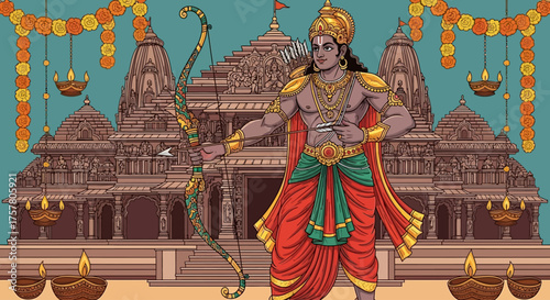 Lord Rama with bow and arrow in vibrant colors standing before temple, a powerful visual for cultural events and celebrations, conveying strength and tradition