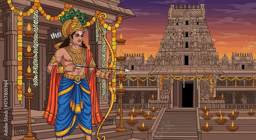 Illustrative depiction of Rama, the Hindu god, ready to shoot his arrow at a temple decorated with flowers and lights during a vibrant sunset