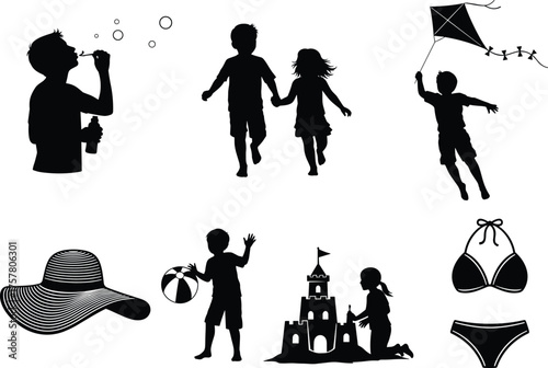 Beach activity silhouettes, kids running, kite flying, bubble blowing, sun hat, sandcastle, bikini set, black and white vector icons