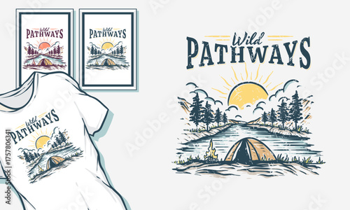 camping illustration lake graphic camp fire design forest badge outdoor logo vintage tree t shirt mountain