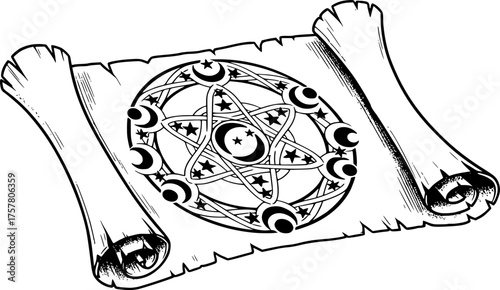 Magic Circle Symbol Drawn in an Old Scroll Black and White Outline Line Art Drawing
