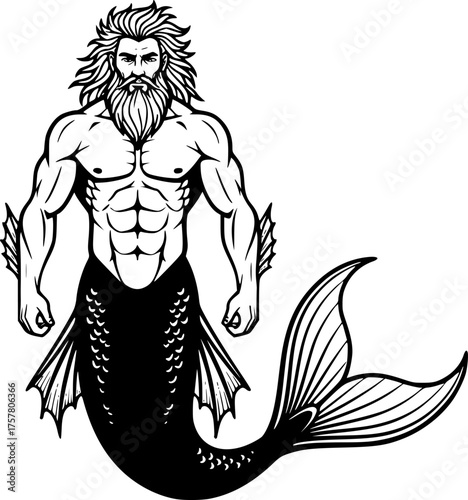 Muscular Merman Man with Beard and Long Hair Full Body Shot Black and White Outline Line Art Drawing
