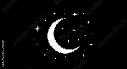 Moon in the Night Sky with Clouds and Stars Black and White Outline Line Art Drawing

