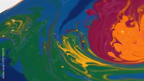 Vibrant Abstract Swirling Liquid Paint with Blue Green Yellow and Magenta Hues in Macro Detail with Soft Bokeh Background and Dynamic Flow for