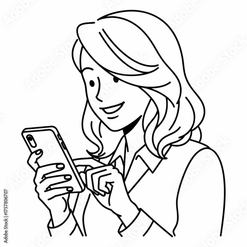 Smiling Young Woman Using Smartphone and Interacting with App