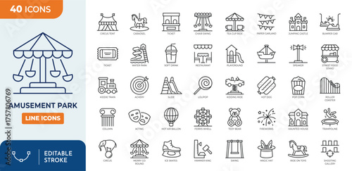 Amusement park line editable icon set. featuring Circus, roller coaster, ferris whell, street food, and more . thin linear illustration.