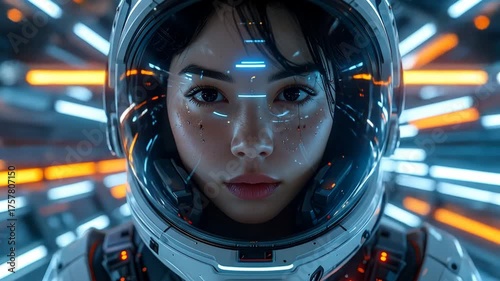 Astronaut in Futuristic Spacesuit with Reflective Visor in a Neon Lit Tunnel