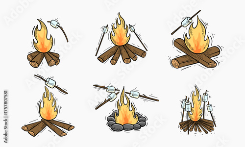 Set of various scenes of campfires with marshmallows being roasted on sticks, showcasing different stages of toasting.
