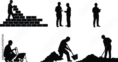 Construction workers silhouettes building wall, digging, pushing wheelbarrow, and discussing project on site, black and white vector illustration, teamwork