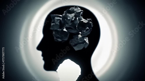 Silhouette of a human head with crumpled paper balls floating inside representing ideas or thoughts in a dark and atmospheric background with a