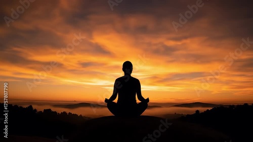 Silhouette of a person meditating in a lotus pose on a hilltop against a dramatic fiery orange and deep purple sunset sky with clouds and a layer of