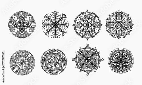The image shows unique circular mandala designs featuring intricate black line art on a white background.