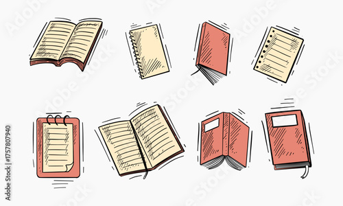 Set of hand-drawn books and notebooks in various open and closed positions.