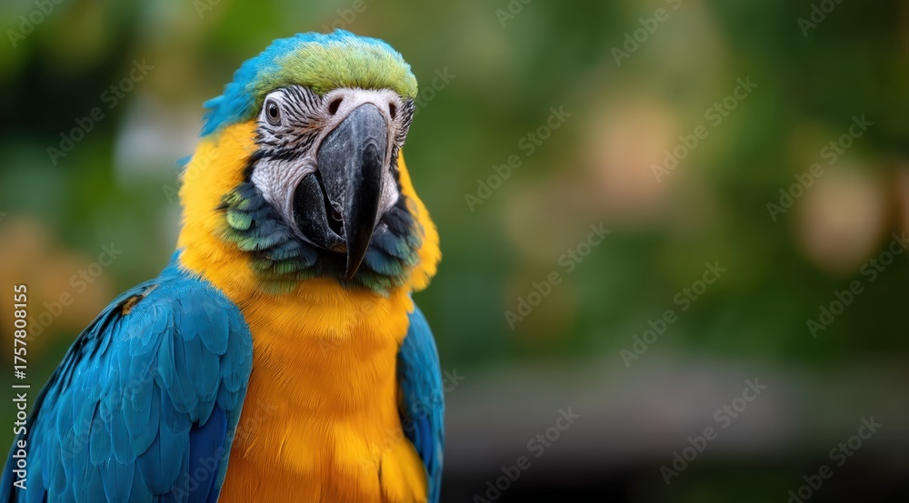 Fototapeta premium Close up of a vibrant blue and yellow macaw bird with colorful feathers in its tropical habitat, looking forward