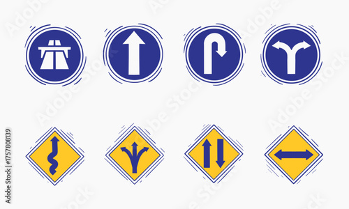 Free Download set of stylized road signs depicting various directional instructions for drivers including highway access and merging lanes. - GFXLoad