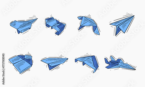 set of hand drawn illustration designs of blue paper airplanes in flight.