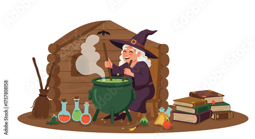 A cartoon witch stirring a bubbling cauldron surrounded by books and potions in a rustic stone setting on Halloween.