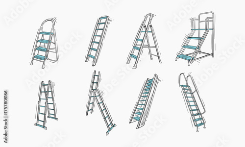 Set of hand drawn illustration of step ladders and similar climbing tools in different configurations.