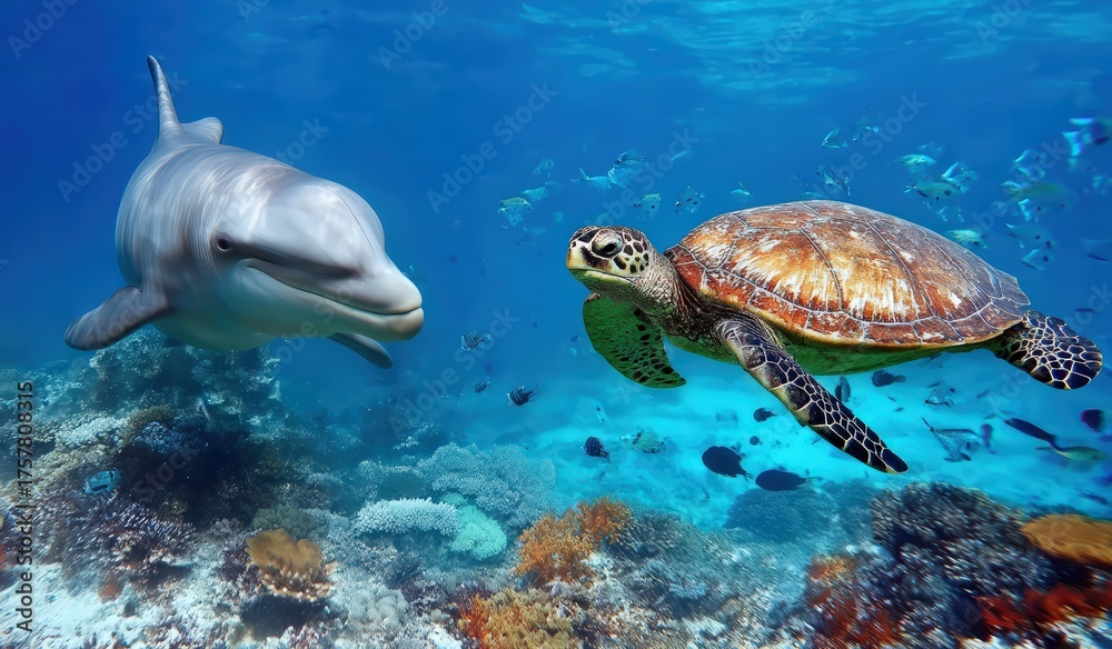 Obraz premium Dolphin and sea turtle swimming gracefully in blue ocean water, surrounded by colorful coral and tropical fish