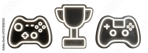 Neon Video Game Theme with Controller and Trophy Isolated on Transparent Background